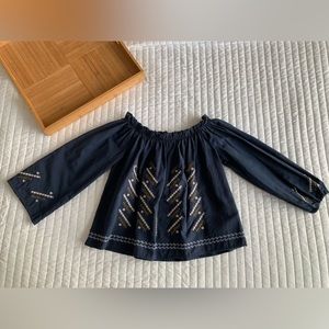 Island Girl Off the Shoulder Top Canvas Embroidery Navy Blue Taupe White Women’s